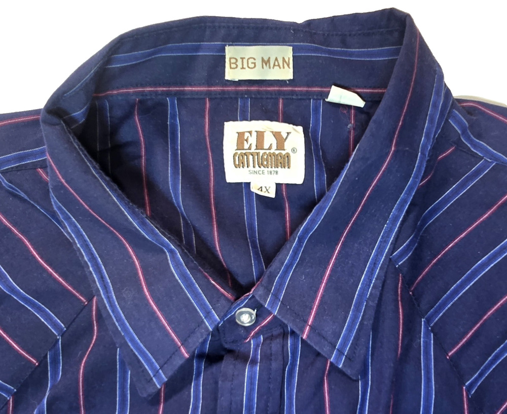 ELY CATTLEMAN Big Man 4X L.S. Blue Red White Striped Pearl Snaps Shirt